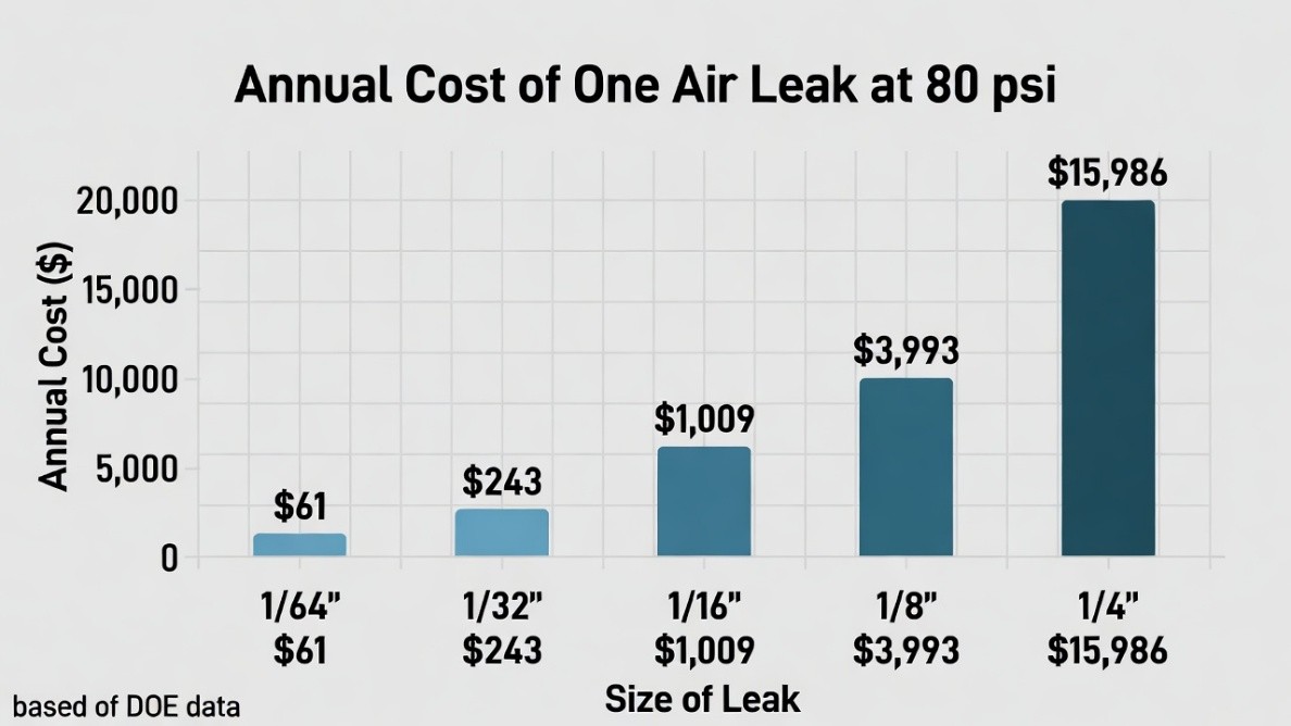 Bar chart of the annual cost of one compressed air leak at 80 psi by leak size