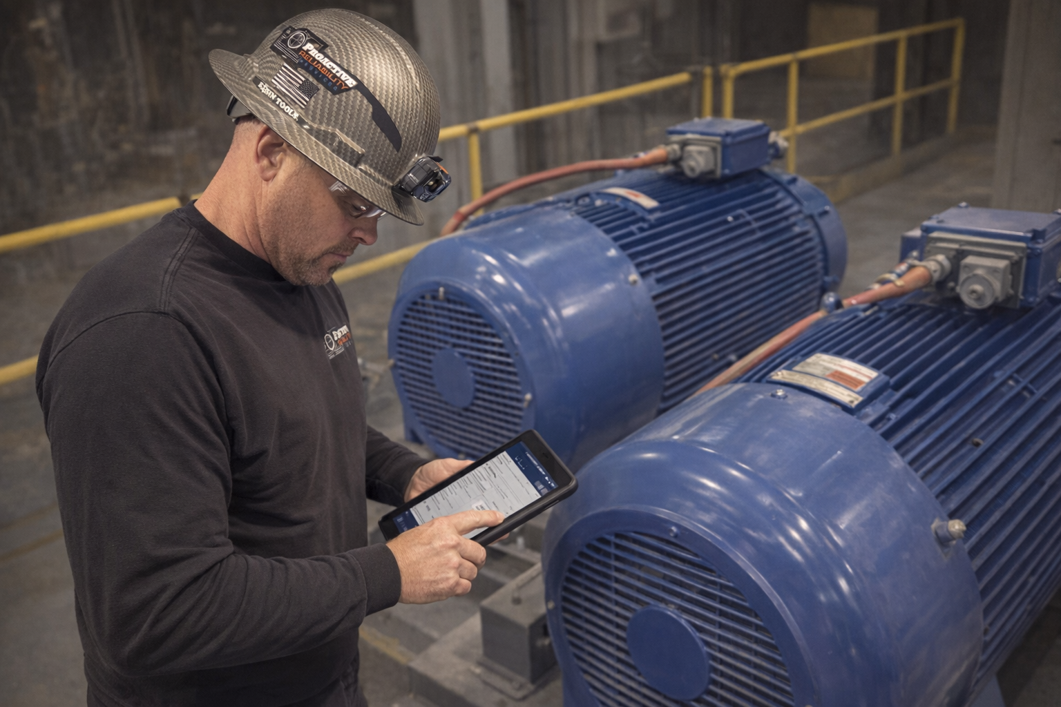 Reliability technician inspecting an industrial electric motor
